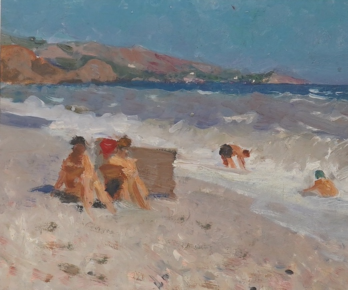 Impressionist oil on card, Beach scene with figures, unsigned, 27 x 32cm. Condition - good